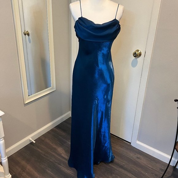 Betsy & Adam Dresses & Skirts - Vintage 90s Betsy & Adam Metallic Blue cowl neck gown, Size 10P